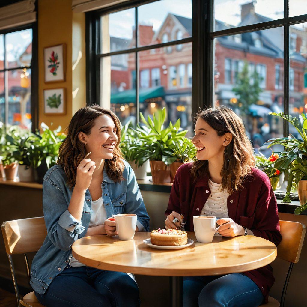 A warm and cozy coffee shop scene with two friends playfully teasing each other while sharing a dessert. The background is filled with colorful artwork, soft sunlight streaming through large windows, and cheerful plants adorning the space. Capture their laughter and lighthearted expressions, emphasizing the joy of friendship. super-realistic. vibrant colors. warm atmosphere.