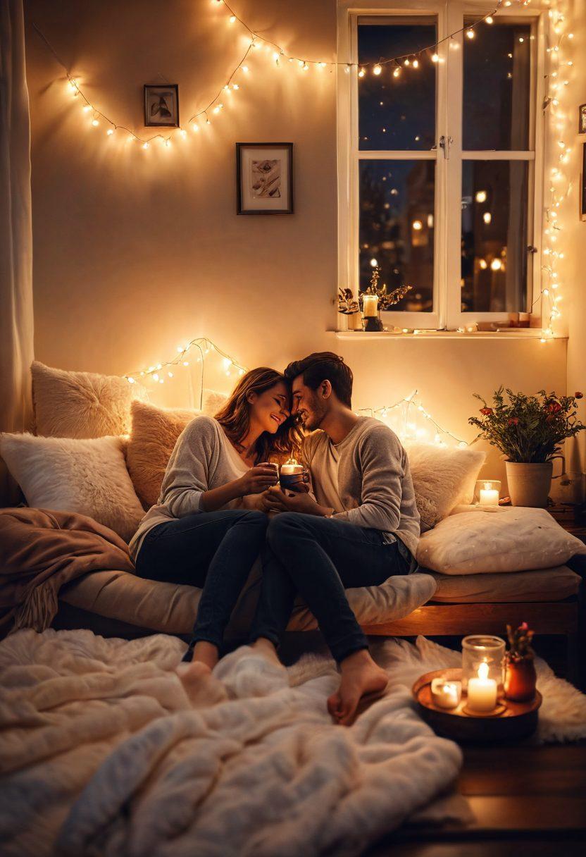 A cozy, warmly-lit room showcasing a couple sharing playful glances and gentle touches, surrounded by soft pillows and candles. Include elements like a fluffy pet basking in the affection, a steaming cup of tea, and a background of twinkling fairy lights. The atmosphere is intimate and heartwarming, reflecting a flirtatious bond. super-realistic. warm tones. soft focus.