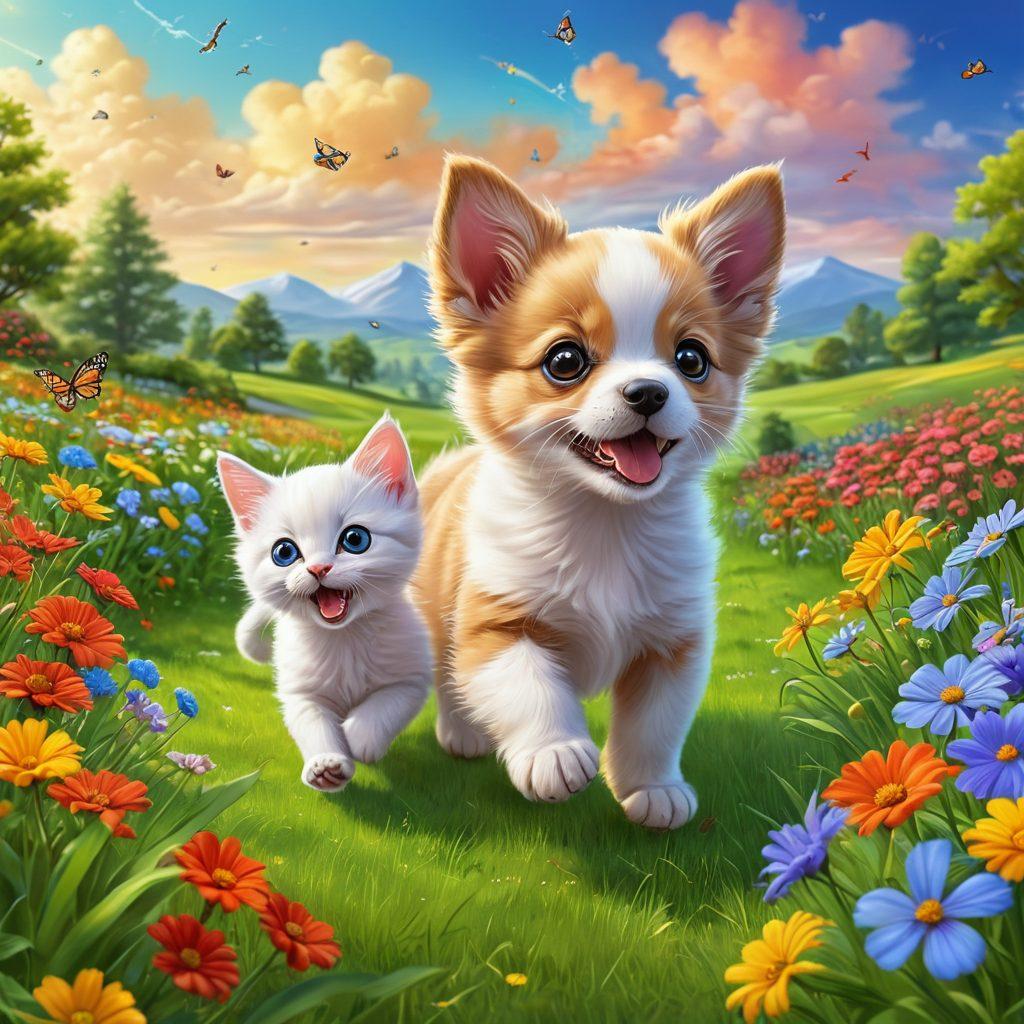 A whimsical scene depicting two cartoon animals, a playful puppy and a mischievous kitten, engaged in a joyful game of chase amidst colorful flowers and lush green grass. The background should be filled with a bright blue sky, fluffy clouds, and butterflies fluttering around, capturing the essence of endearing moments. The overall mood should be cheerful and lighthearted. vibrant colors. cartoon style.